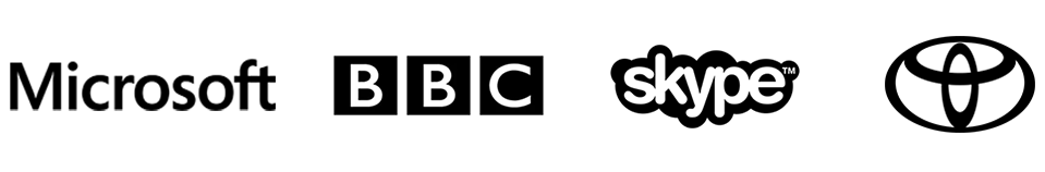 Logos of Microsoft, BBC, Skype, and Toyota