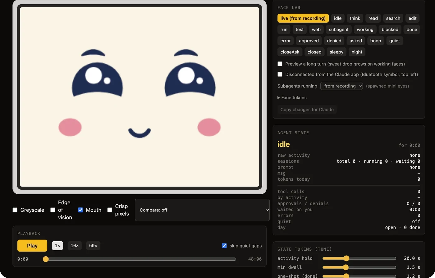The Toki simulator, with a large cream face on the left and the face lab's controls on the right