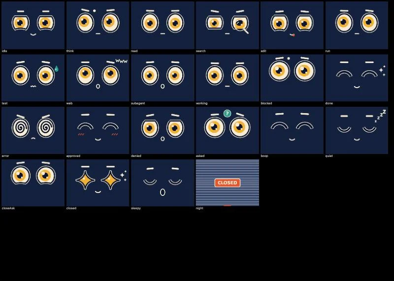 A sheet of Toki's earlier faces on dark navy, each with ringed yellow eyes and cream brows