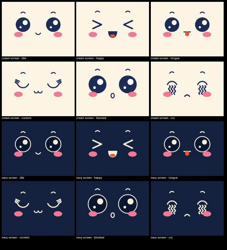 Kawaii faces drawn on a cream screen and on a navy screen, side by side, with solid eyes, white shines and pink cheeks