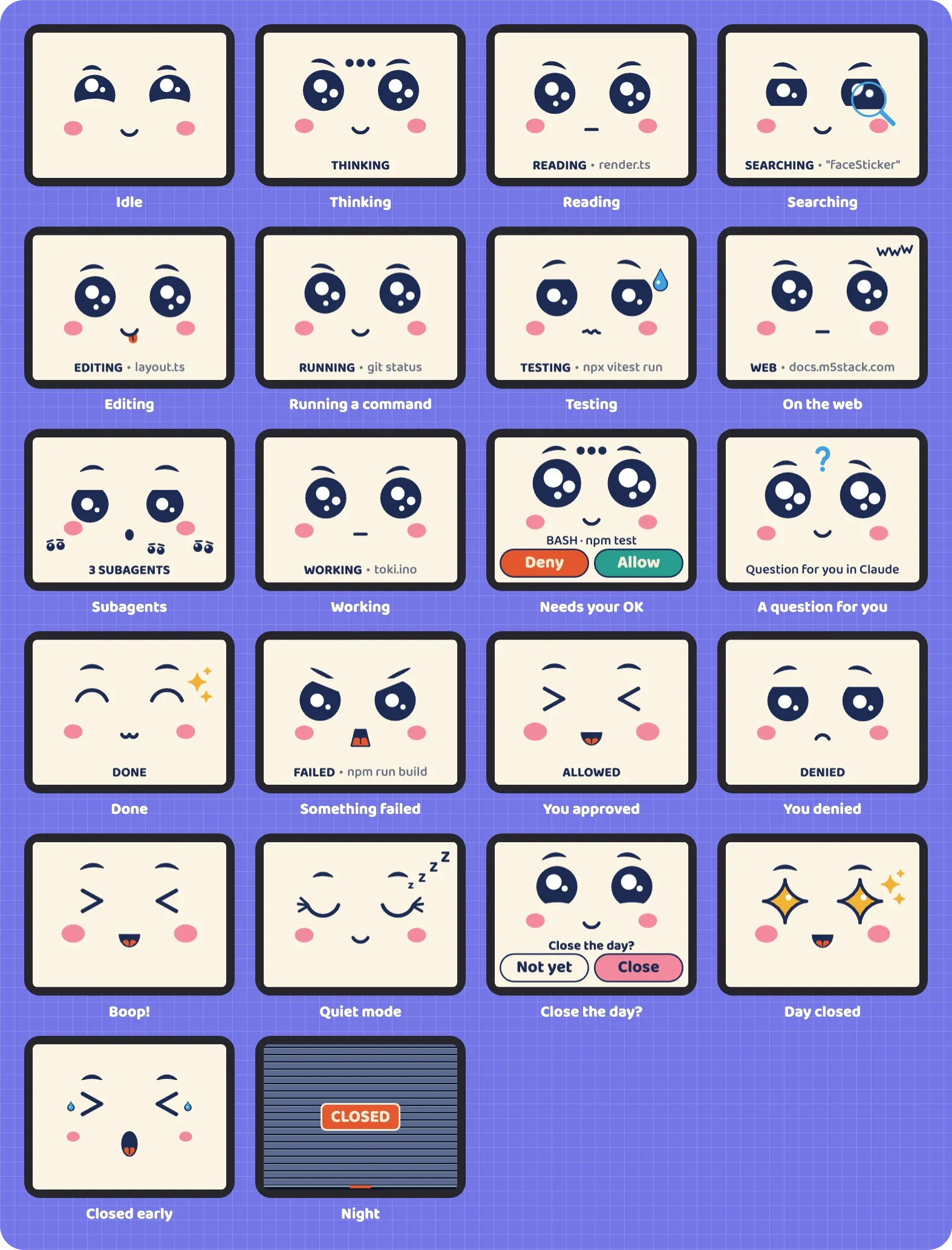 All 22 of Toki's faces, each named: idle, thinking, reading, searching, editing, running a command, testing, on the web, subagents, working, needs your OK, a question for you, done, something failed, you approved, you denied, boop, quiet mode, close the day, day closed, closed early, night